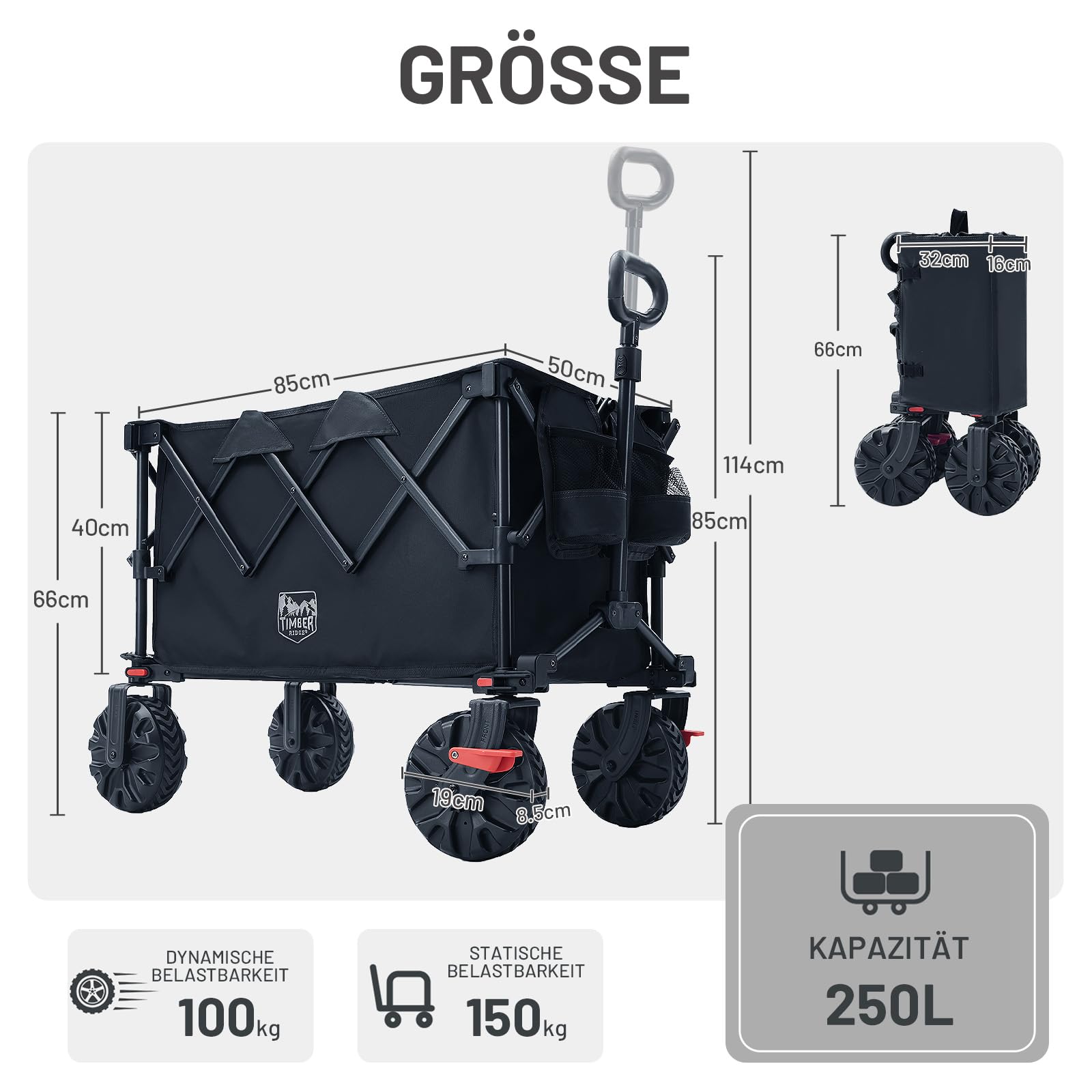 TIMBER RIDGE XXL Bollerwagen Faltbar 250L Breite Reifen mit Bremsen Strandwagen Klappbar 150KG Belastbar mit Getränkehalter All Terrain Transportwagen für Camping Einkaufen Garten