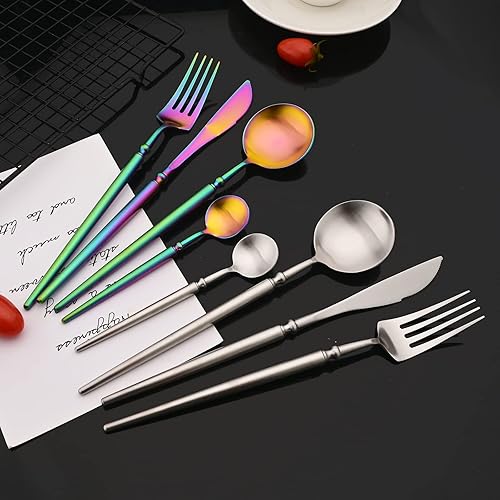 Miniatura 6 de JASHII Juego de cubiertos de 16 piezas con mango vintage acabado satinado acero inoxidable 304 utensilios de cocina cubiertos iridiscentes juego de