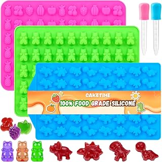 Gummy Candy Molds - with 2pcs Droppers, Silicone Bear Dinosaur Fruit Snack Molds, Non-stick Silicone Chocolate Molds for Gummies Candy Chocolate Baking