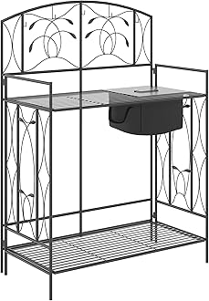 Outsunny Folding Potting Bench Table, Metal Garden Workstation, Work Bench with Large Built-in Bag with Cover, 5 Hanging Hooks & Storage Shelf, Leaf Pattern