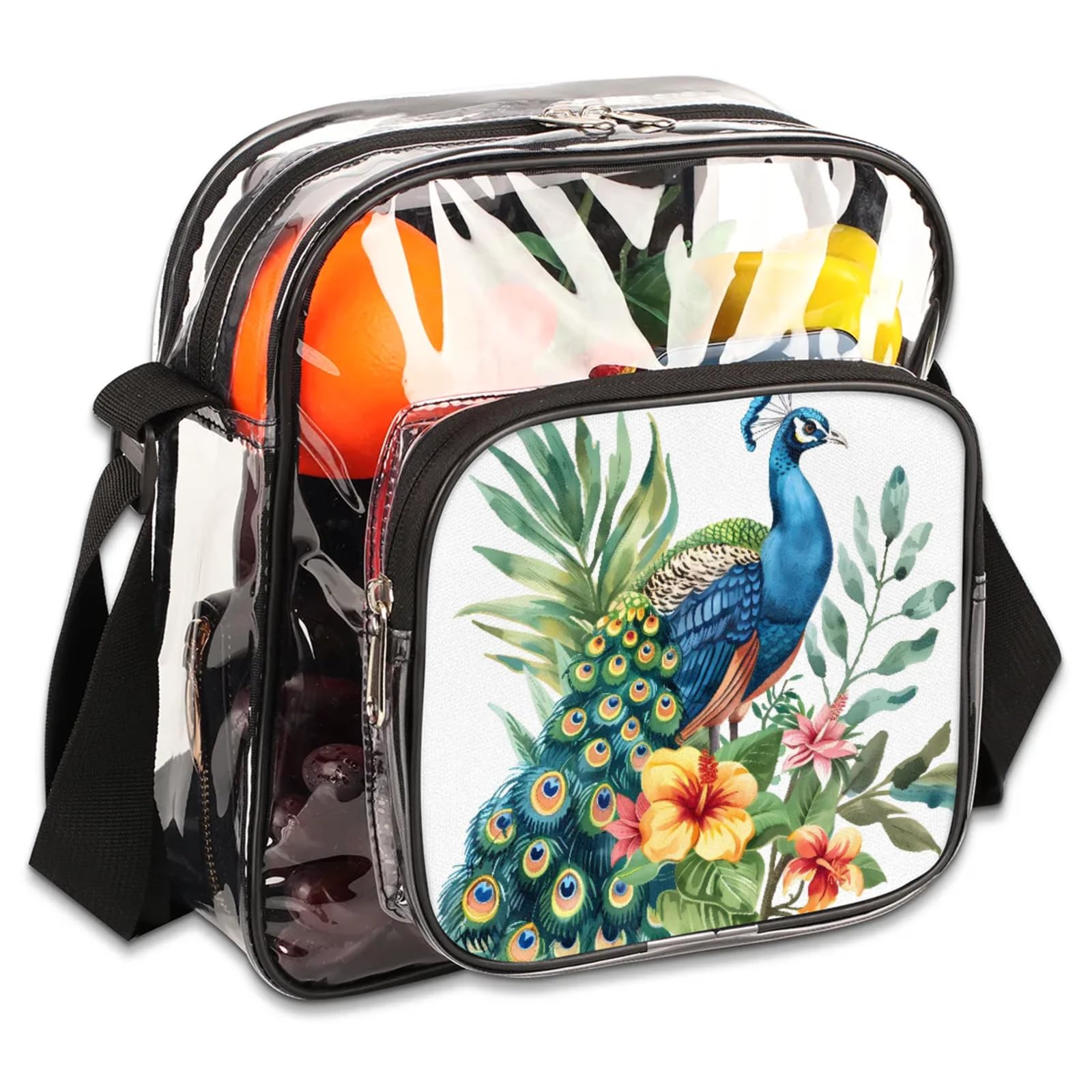 GzLeyigou Clear Crossbody Bag Stadium Approved Peacock Transparent Bag for Festivals, Sports Events, Concerts,Beach Bag for Women Men Clear Purse with Front Pocket Messenger Bag with Adjustable Strap