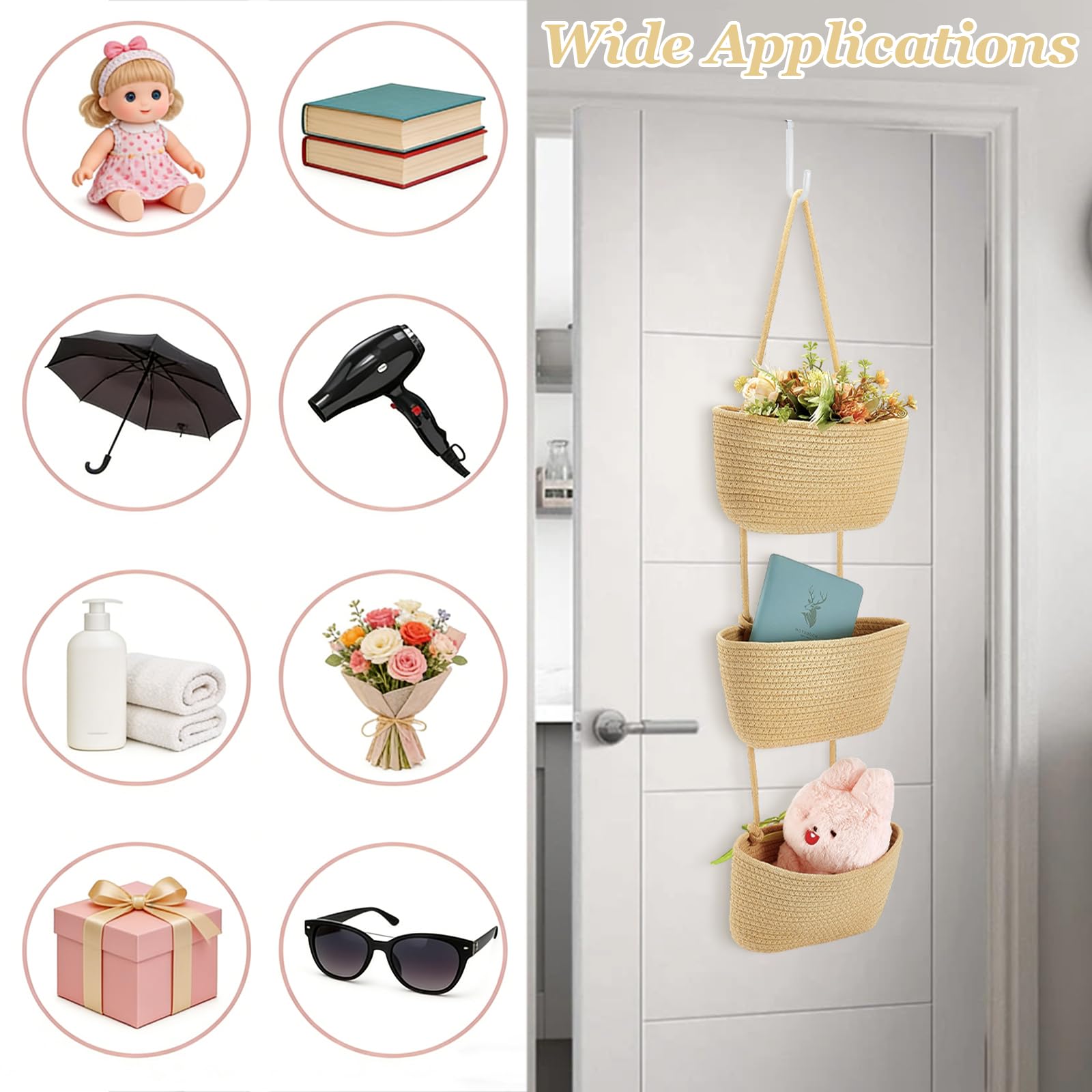 2 cestas colgantes de 3 niveles para colgar sobre la puerta, cesta de almacenamiento de pared de algodón tejido con ganchos, organizador decorativo para colgar en la pared para sala de