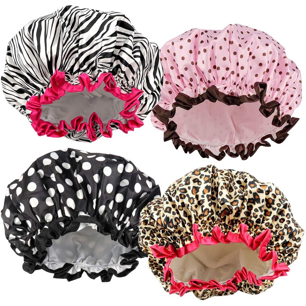 4 Pieces Shower Cap for Women, Elastic and Reusable, Environmental Protection Hair Bath Caps, Double Waterproof Layers Bathing Hat