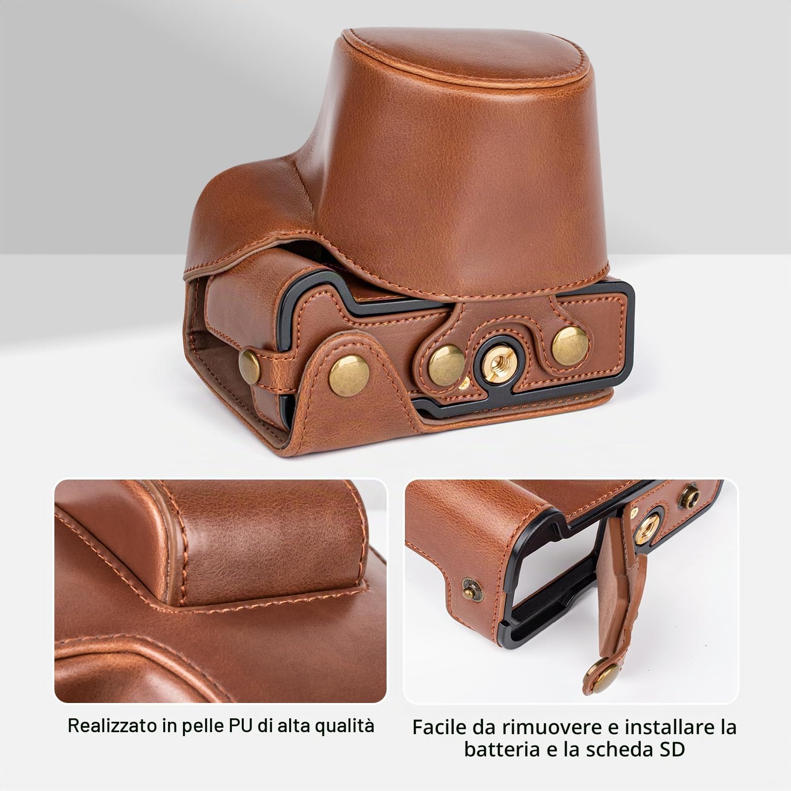 MUZIRI KINOKOO Custodia Protettivo per Canon EOS R50/R100 Fotocamera, Custodia in Pelle PU retrò per EOS R50 EOS R100 DSLR, Apertura inferiore Custodia con Tracolla e Tasca Portaoggetti - Caffè