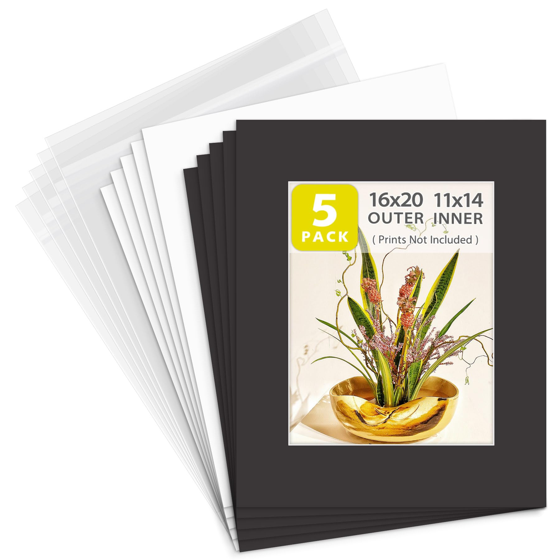 Golden State Art, Pack of 5 Black Pre-Cut 16x20 Picture Mat for 11x14 Photo with White Core Bevel Cut Mattes Sets. Includes 5 High Premier Acid Free Mats & 5 Backing Board & 5 Clear Bag-picture-13