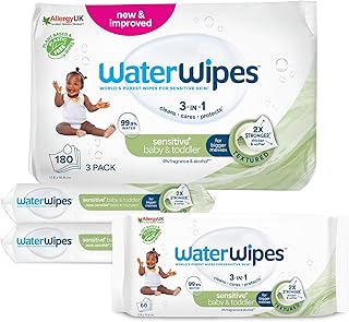 WaterWipes Sensitive+ Baby & Toddler Wipes, 180 Count (3 Packs), 3-In-1 Cleans, Cares, Protects, 99.9% Water, Textured Clean, Unscented
