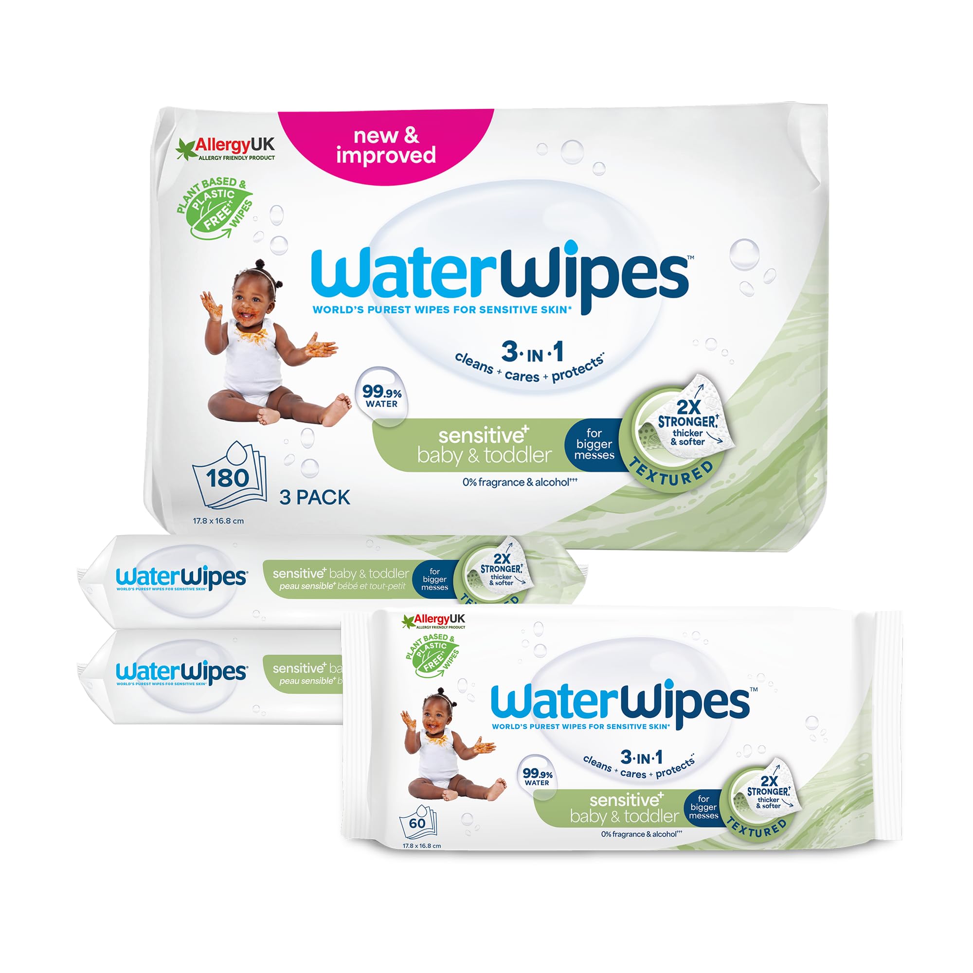 WaterWipes Textured Clean, Toddler & Baby Wipes, 180 Count (3 Packs), 99.9% Water, 3-In-1 Cleans, Cares, Protects, Unscented, Packaging May Vary