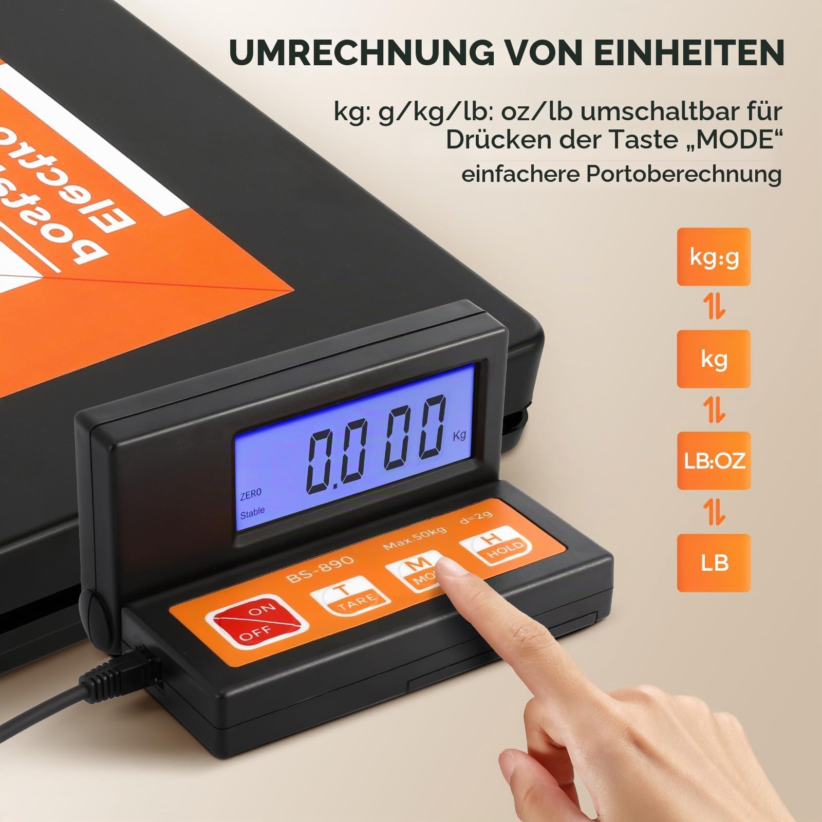 Bonvoisin Paketwaage Postwaage Digitale 50kg/110lb,2g Plattformwaage mit separatem großem LCD-Display, 2 AAA-Batterien und EU-Netzadapter enthalten, g/kg/oz/lb mit Stable & Hold-Anzeige