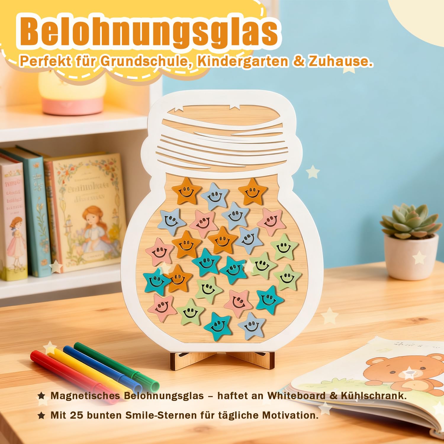 GROVBLE Reward Glass Reward Board Children Magnetic Reward System Children Reward System Primary School with Wooden Holder and 25 Stars for Classroom Home Learning Office Primary School Teacher - Image 3