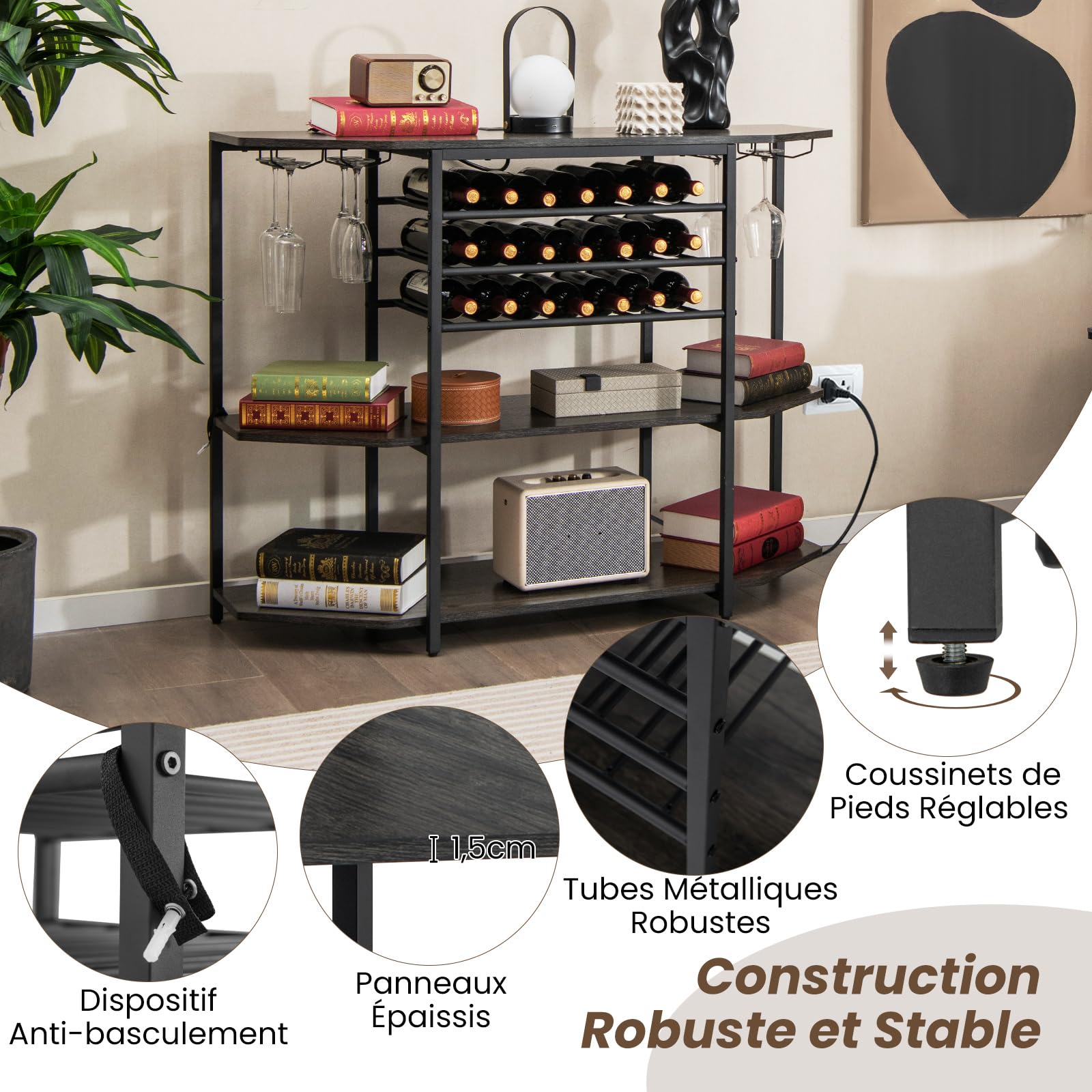 GOPLUS - Portabotellas con estación de carga integrada, mueble de bar de 3 niveles con estantes abiertos espaciosos y armario para botellas de vino, adecuado para cocina, comedor (Brown Industri)