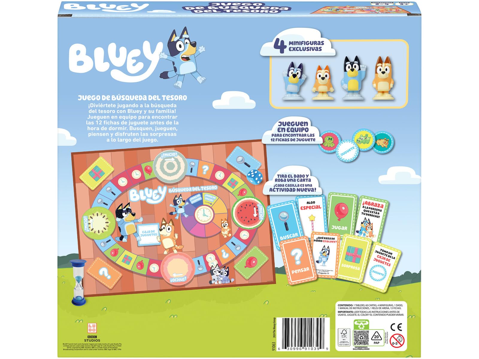 Juego de la Búsqueda del Tesoro de Bluey. Un Divertido Juego de Mesa repleto de Actividades entretenidas, Cosas Que Buscar y Preguntas sobre Bluey Que Responder.