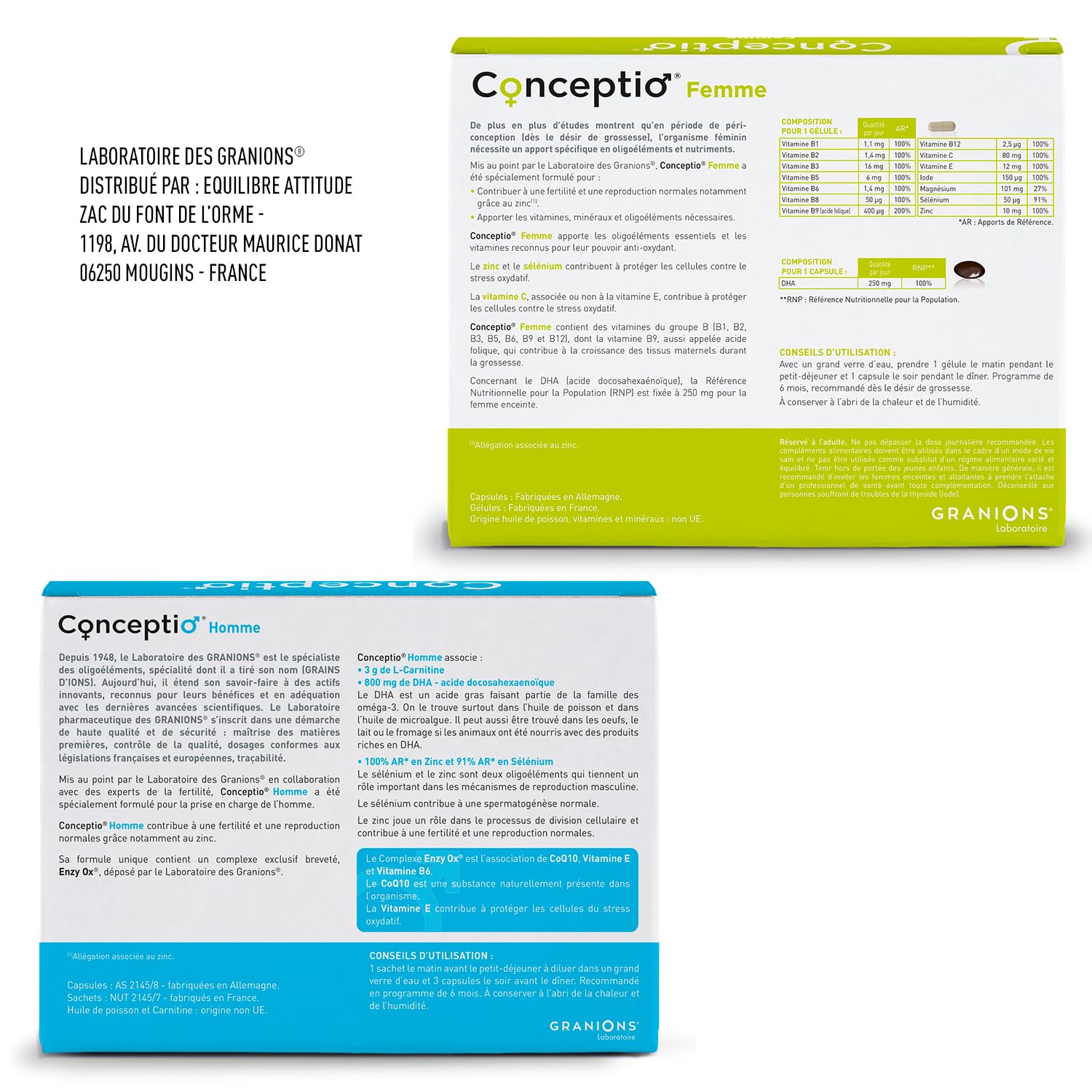 GRANIONS | Duo Conceptio Homme + Conceptio Femme | Contribue à la fertilité du couple | Vitamines, Acide Aminés, Acide Gras (Dha), Oligoéléments | Marque Française | Programme De 30 Jours