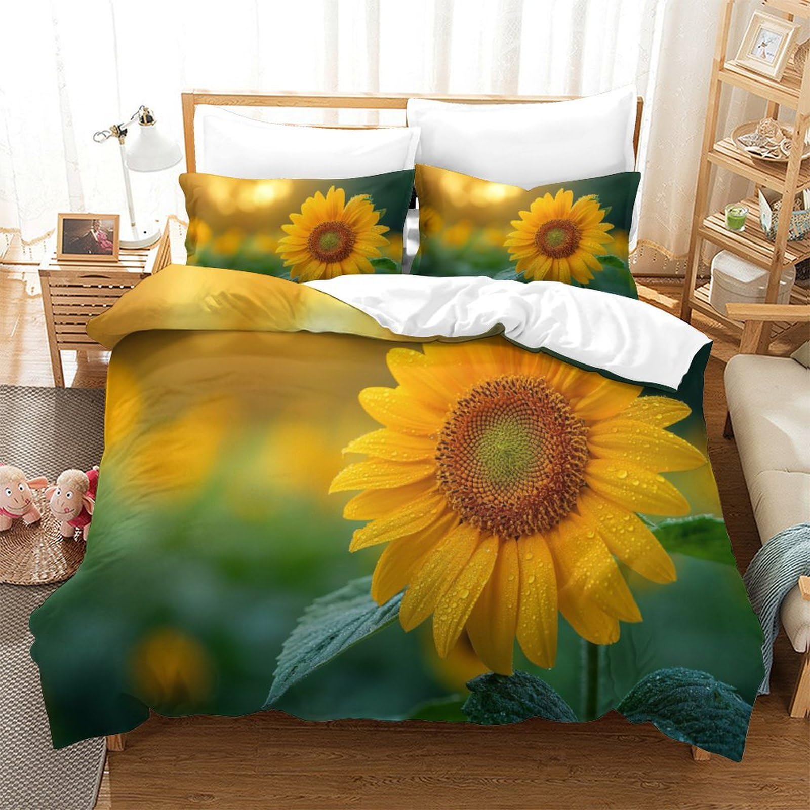 P1S9U7W5Y 3D Printed Vibrant Sunflower Duvet Cover Set 3pcs Microfiber Floral Bedding Set Bedroom Decor Double（200x200cm）