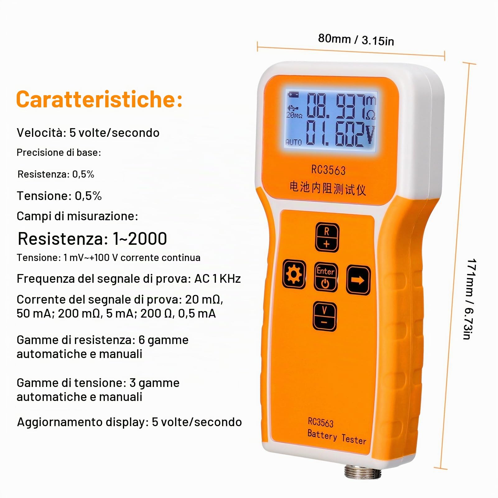 Tester di resistenza interna della batteria, RC3563 200Ω 100 V, tester per batteria con display a 3 cifre, tester per batteria al litio a quattro conduttori, alta precisione