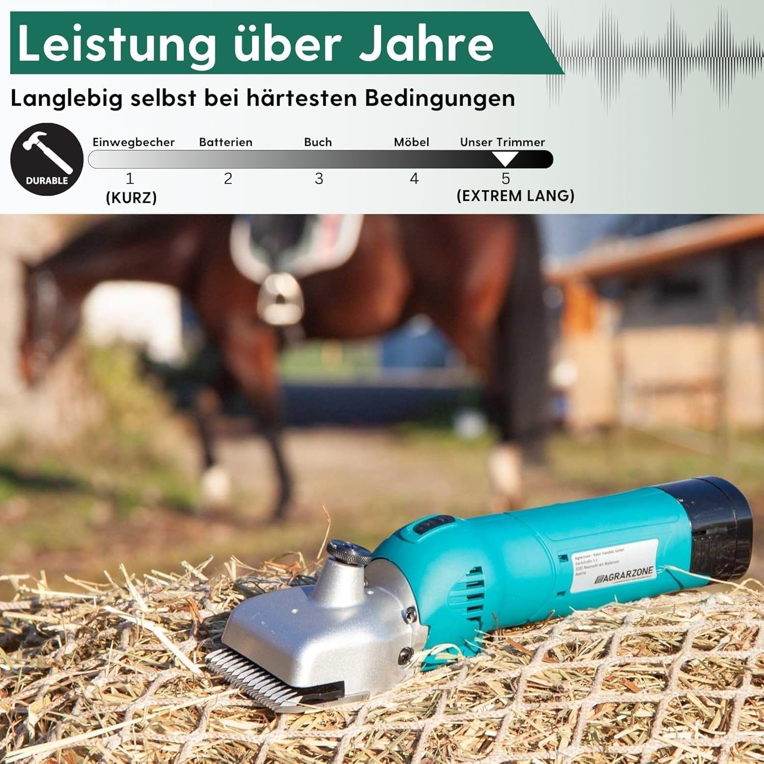 Agrarzone Pferdeschermaschine PowerCut Akku Schur Tierpflege Pflege | 2 Akkus, ununterbrochenes Scheren, leistungsstark, Schermaschinenöl