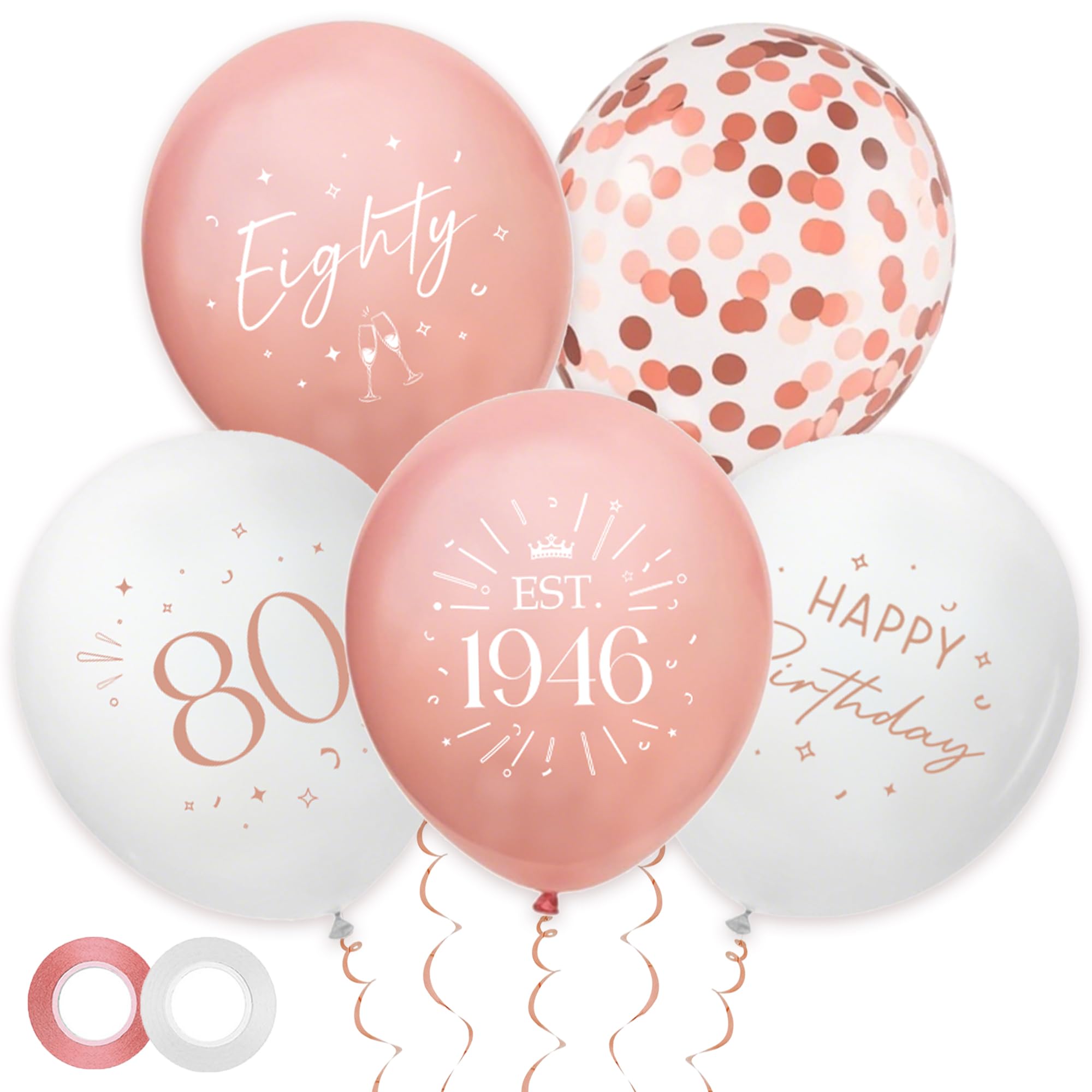 30 Pack 80th Birthday Balloons Decorations - Rose Gold 80 Party Decor for Women Eighty Balloon with Ribbon, Retro Vintage Classic EST.1946 Happy 80th Birthday Decoration