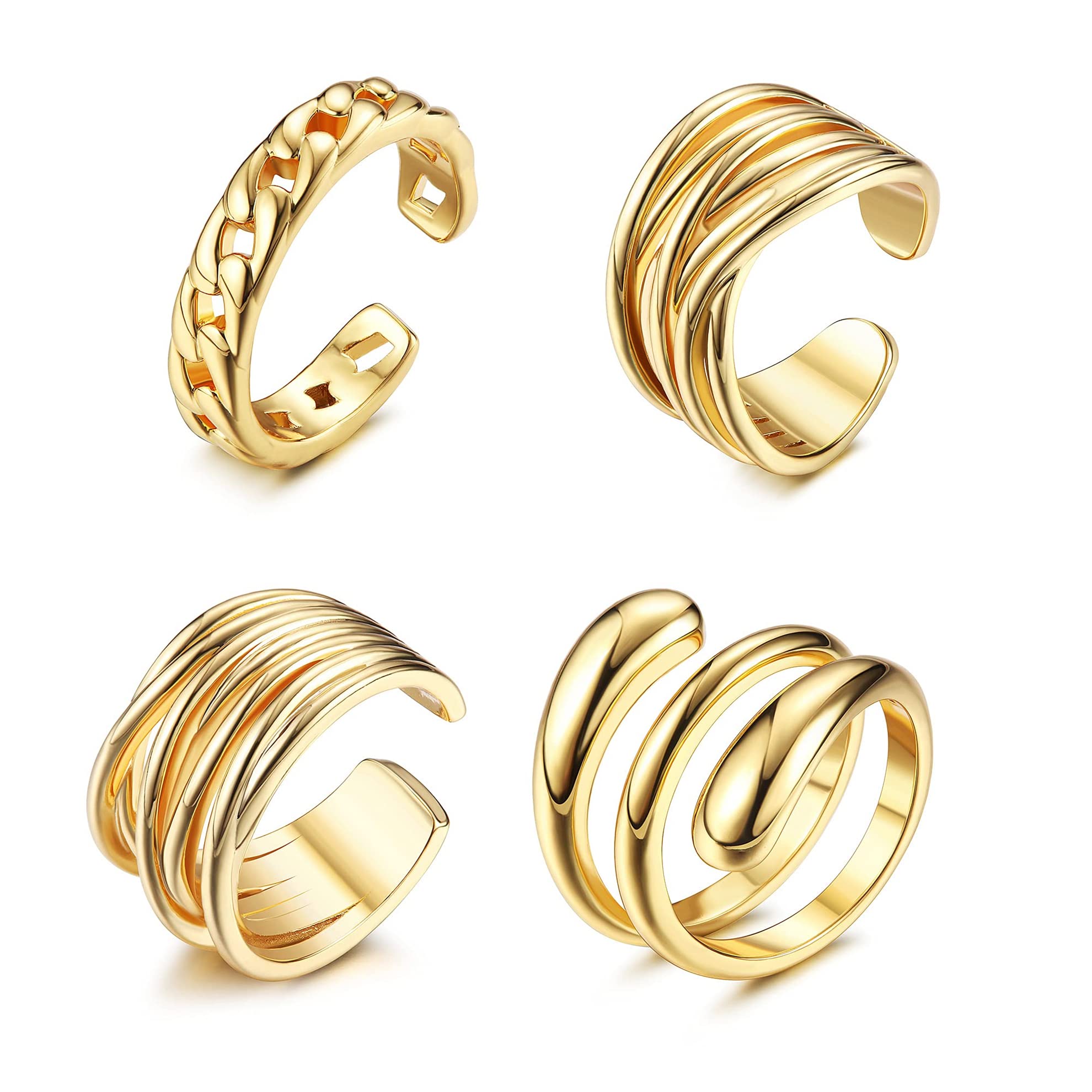 CASSIECA 4PCS Anillos Apilables Anillos Gruesos Oro para Mujer Anillos Chapados en Oro de 18 Quilates Anillos Eslabones Croissant Trenzados Moda Conjunto Anillos Abiertos Ajustables
