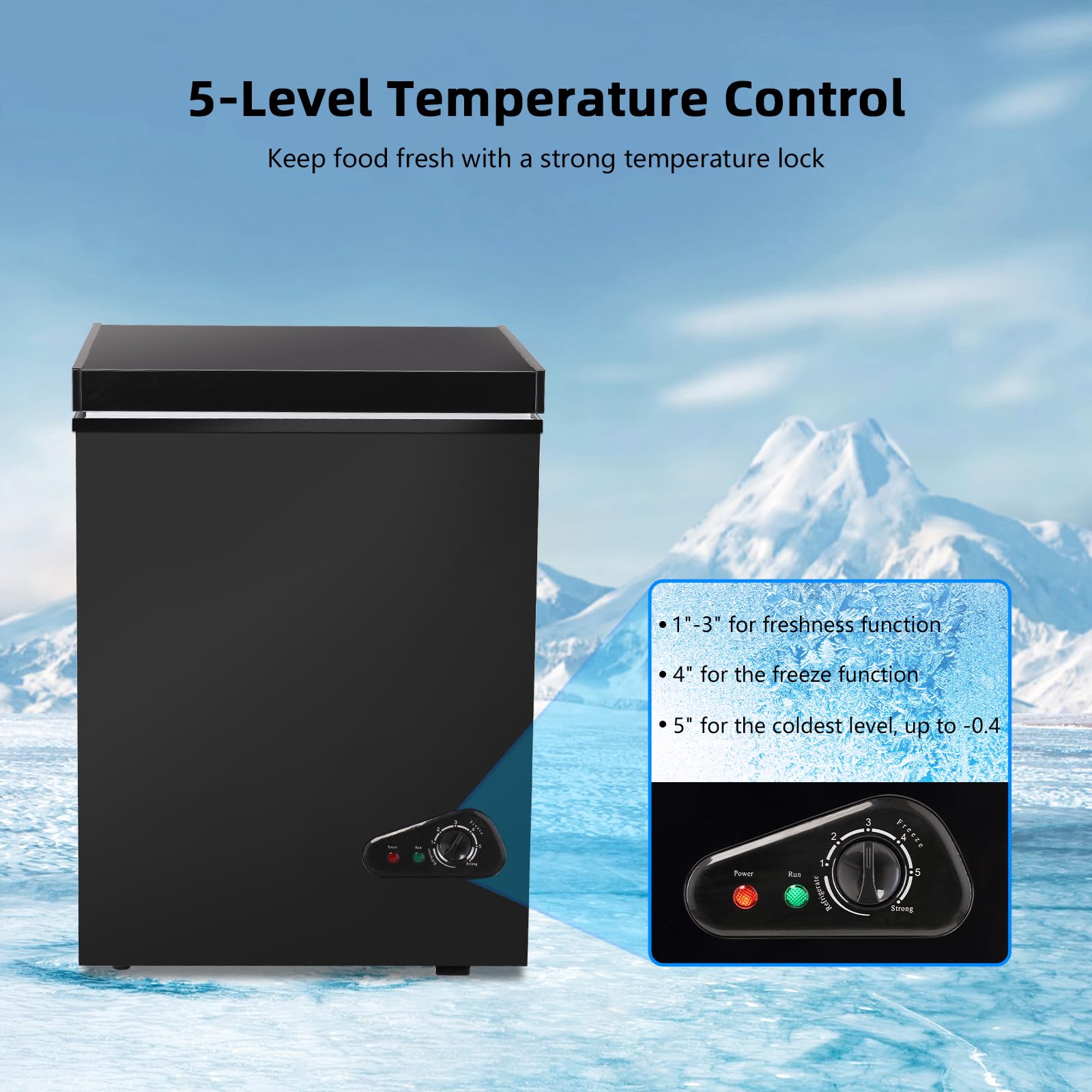 Geekman Chest Freezer 3.5 Cubic Feet Capacity with Removable Basket, Defrost Water Drain, 6 Level Adjustable Temperature, Energy Saving, and Top-Open Door for home, bar, office (Black) on Fridge.com