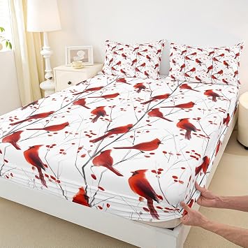 Berries and Cardinals Pattern Printed Fitted Sheet King for Kids Boys Girls Red Cardinal Bed Sheets Set 16 Deep Pocket Soft Breathable Christmas Bedding with 2 Pillowcases Bird Print Animal