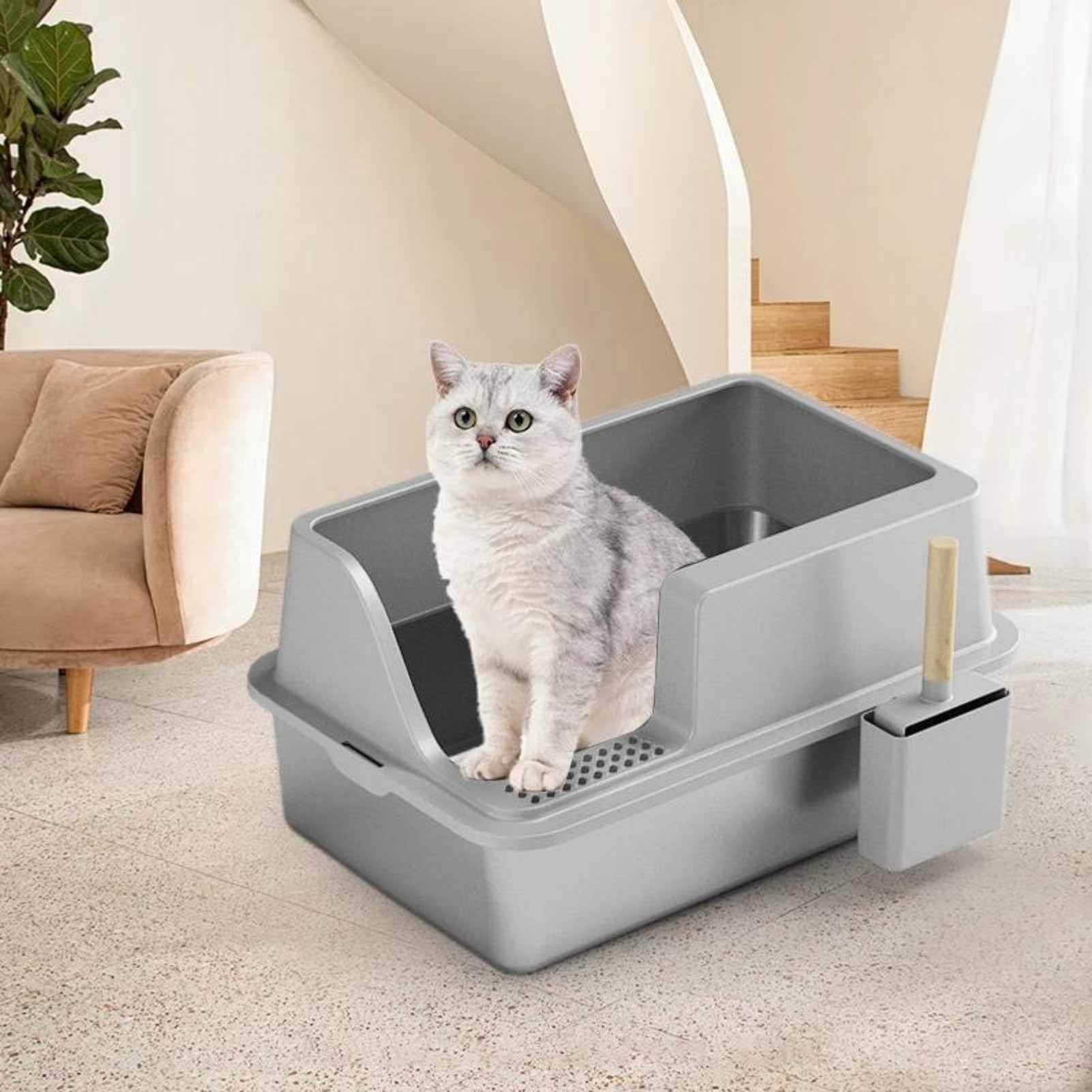 Extra Große Katzentoilette Aus Edelstahl Mit Deckel | 60,5x40,4x41,1 Cm | Für Katzen Bis 11,3 Kg