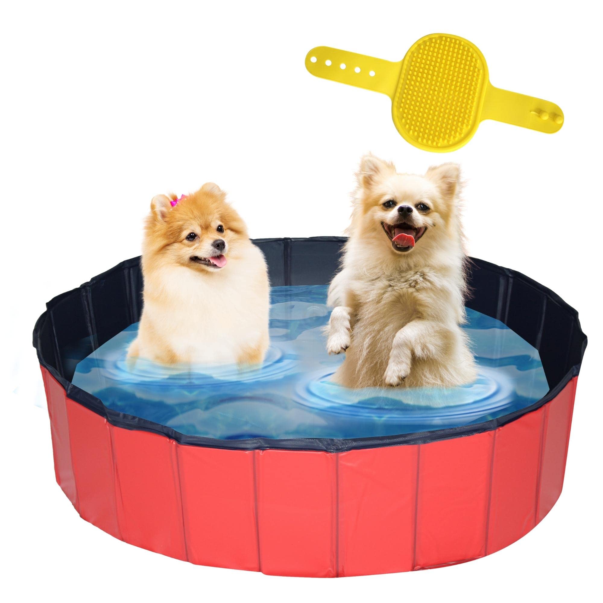 Piscine pour chiens Ø 120 x 30 cm - Bain pour chiens - Piscine pour animaux - Piscine extérieure - Pliable - PVC - Rouge/bleu - Avec peigne à brosse pour chien