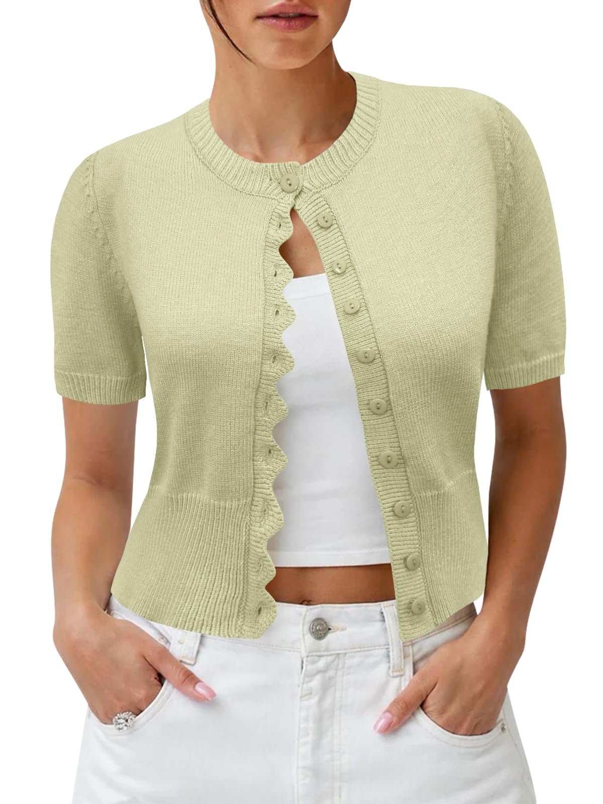 Women Short Sleeve Cardigan Short Sleeve Sweater Slim Fitted Button Down Shirt Scalloped Front Y2k Spring Knit Top-image-4