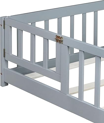Miniatura 79 de Harper & Bright Designs Cama de suelo tamaño Queen con valla y puerta, marco de cama Montessori de madera para niños, niñas, listones incluidos, no