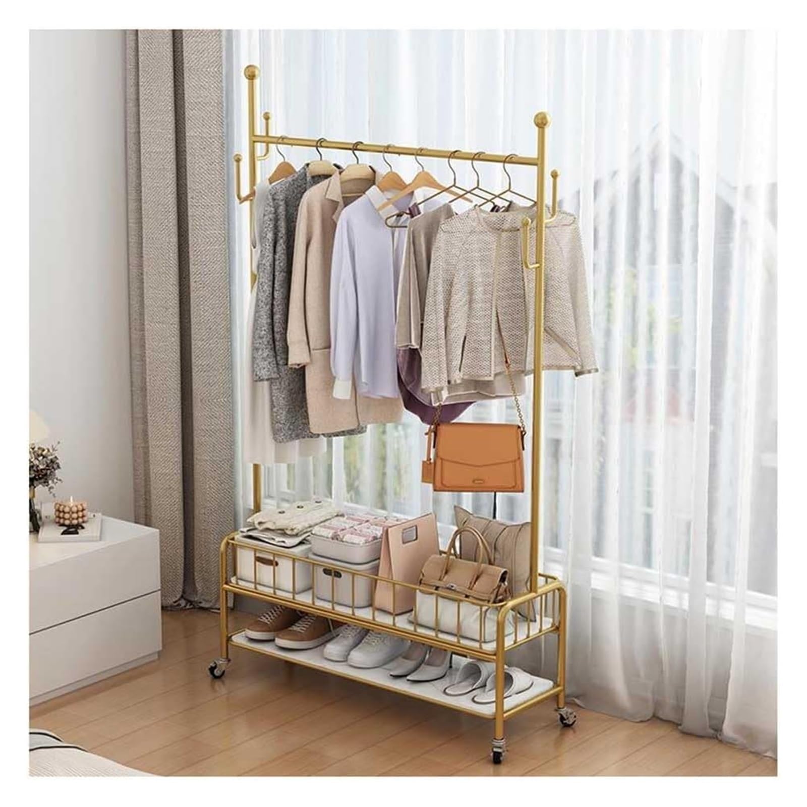 YNBSHGAA Clothes Rail Garment Rack Rolling Clothes Rack With Storage Basket, Freestanding Metal Clothing Rack With 2-Tier Storage Racks Garment Coat Rack With Wheels For Clothes,Gold-60x30x175cm