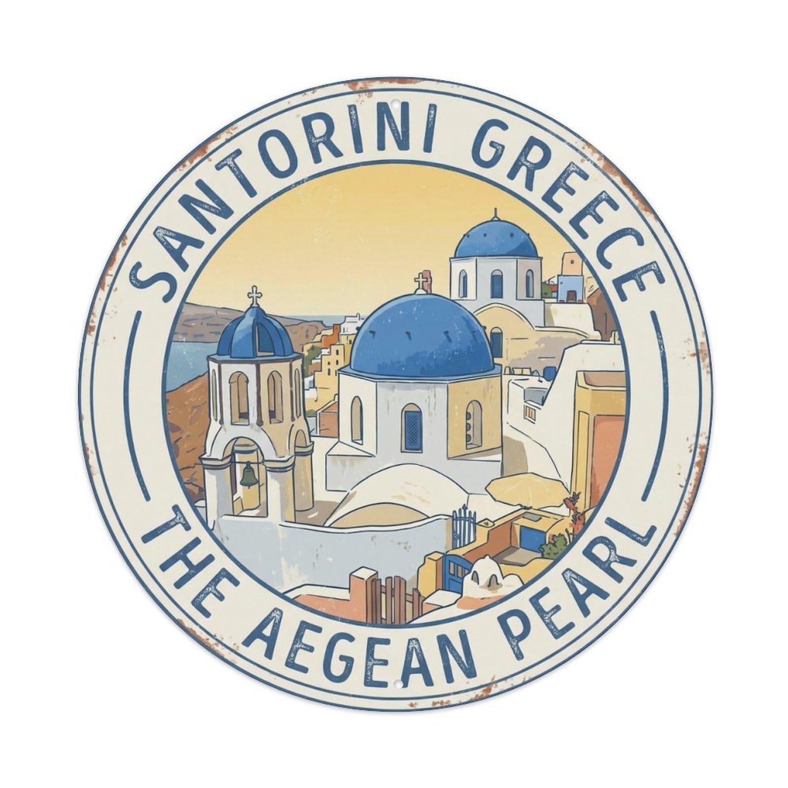 Okahys 8X8inch(20X20cm) Vintage Travel Blue Dome Greece Iconic Chapel Metal Tin Sign