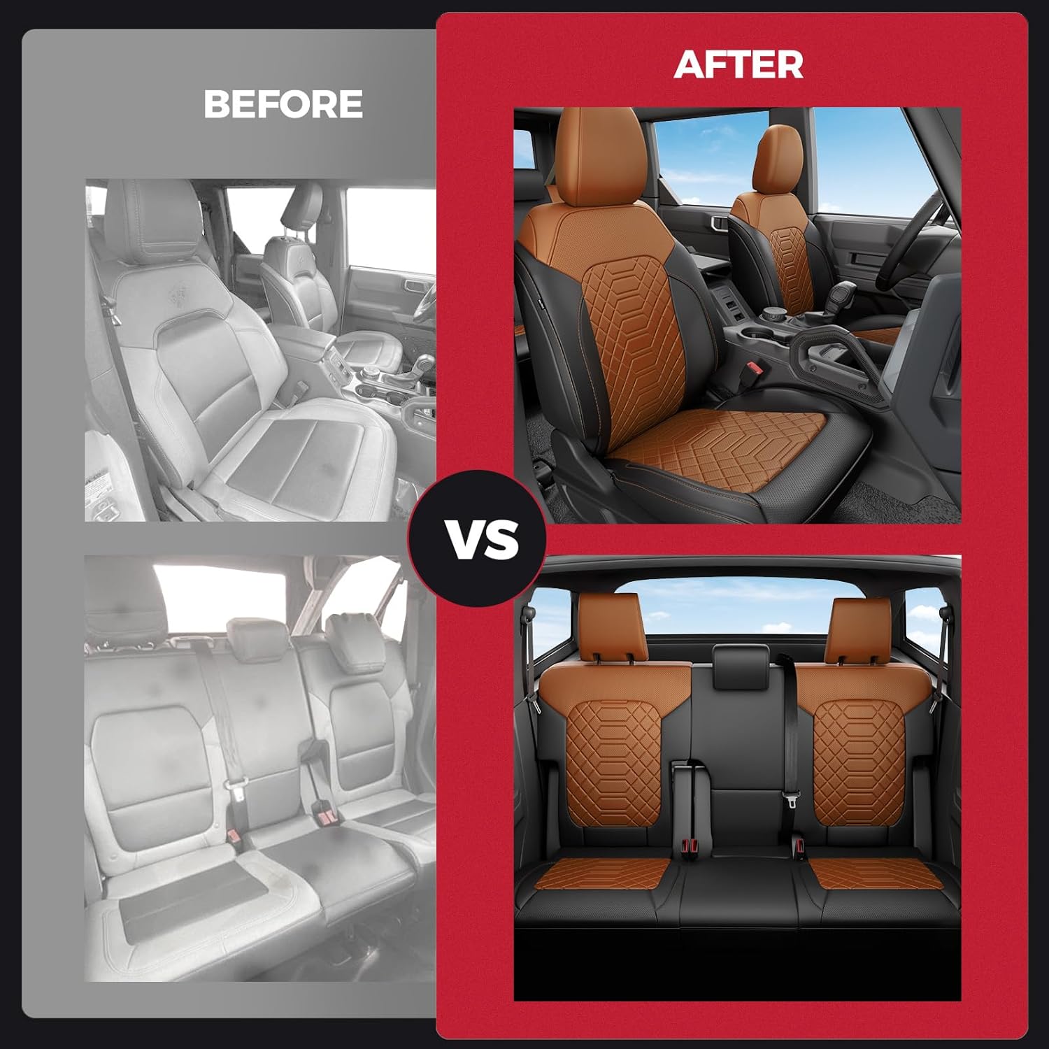 FREESOO Custom Seat Covers for Ford Bronco 4 Door 2021-2026, Faux Leather, Durable, Breathable, 4‑Layer Waterproof, F/R Headrest, Airbag Deployment Compatible - Black Brown, Full Set W/O Rear Armrest