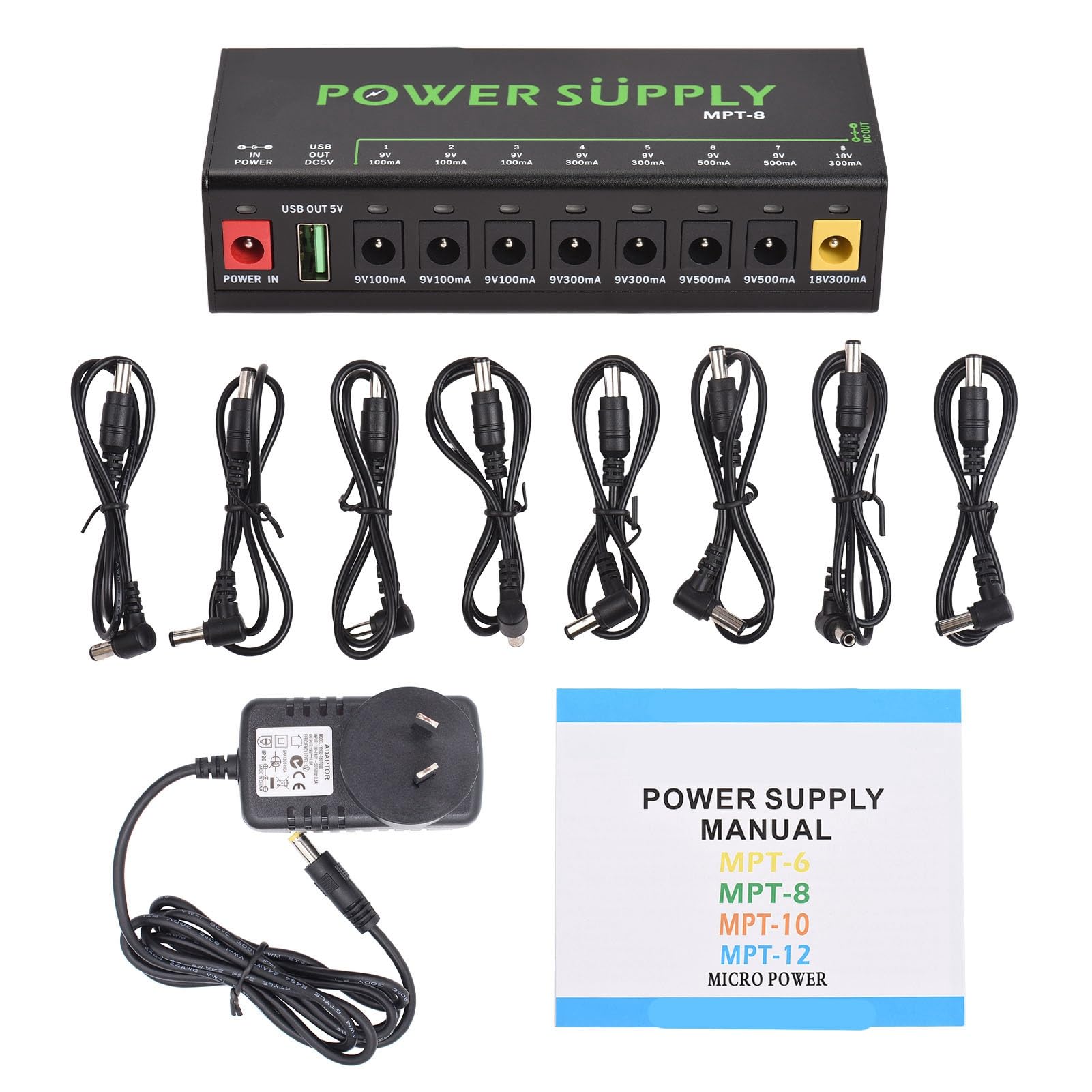 HUIOP Alimentatore per Pedali per Chitarra a 8 canali con Protezione Indipendente dai cortocircuiti Indicatore di Alimentazione a LED Alimentazione per Pedali per Effetti a Pedale per Chitarra