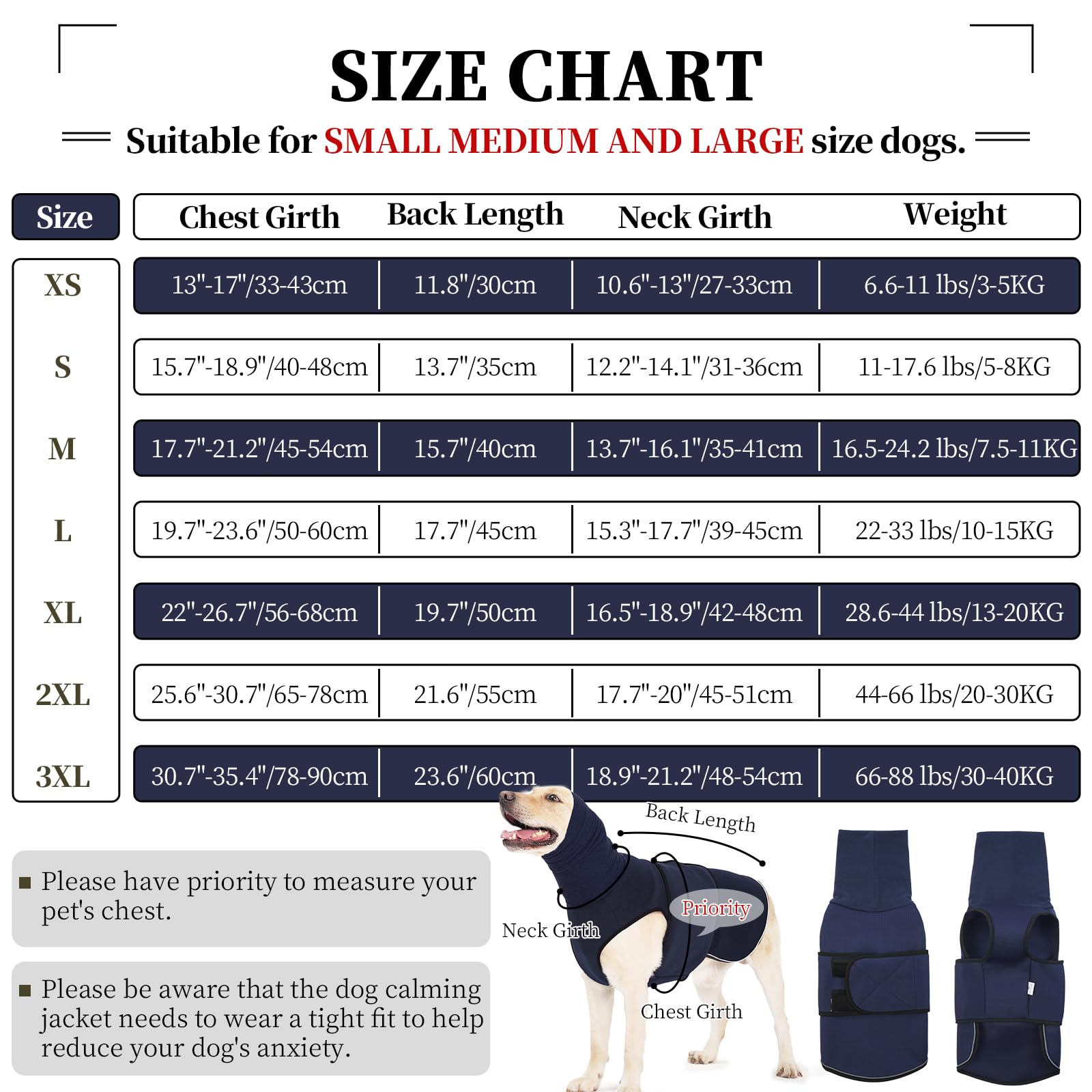 ROZKITCH Veste pour Chiens, Gilet apaisant Contre l'anxiété pour Chiens, Chemise Respirante pour séparation, Feux d'artifice et Voyage, Enveloppement Confortable, Bleu Marine, Taille L