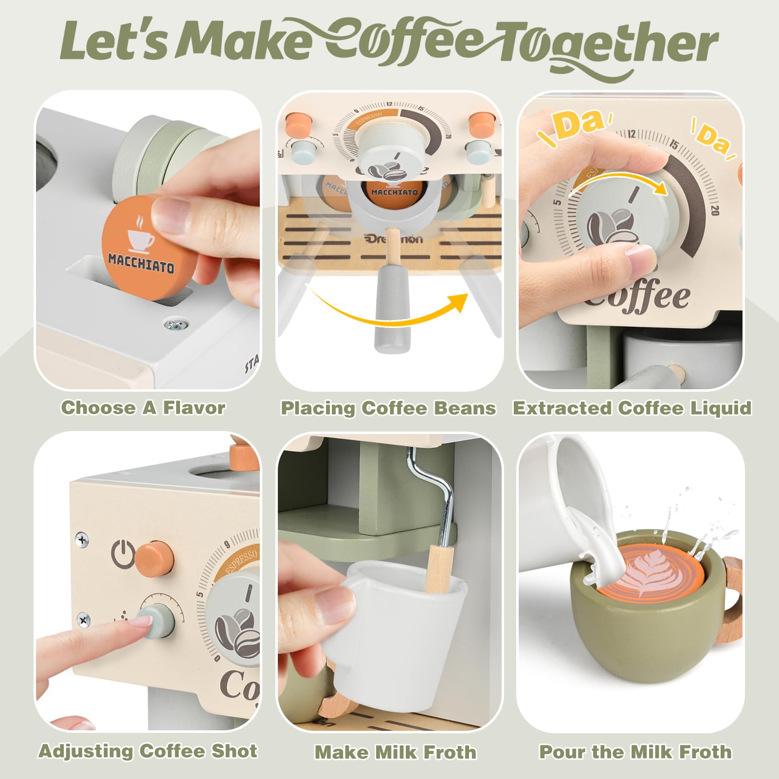 Dreamon Kaffeemaschine Kinder Holz, Kinderküche Zubehör 15 Teile, Montessori Spielzeug, Küchengeräte Kaffeeset Kinder Spielzeug, Küchen Spielzeug Geschenke Jungen und Mädchen ab 3 4 5 Jahre