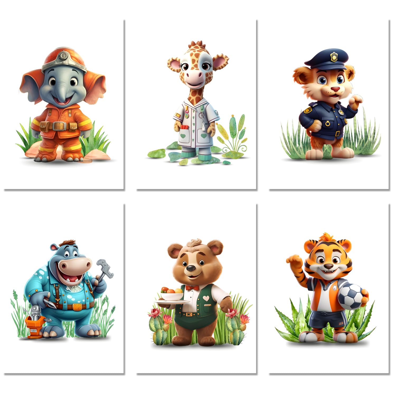 Laminas Decorativas Animales y Profesiones - Laminas Infantiles para Habitación Niño, Niña o Bebe - Cuadro Infantil para Decoración para Cuarto de Bebe - 6 Poster Infantil A4 (21 x 29,7 cm) SIN MARCO