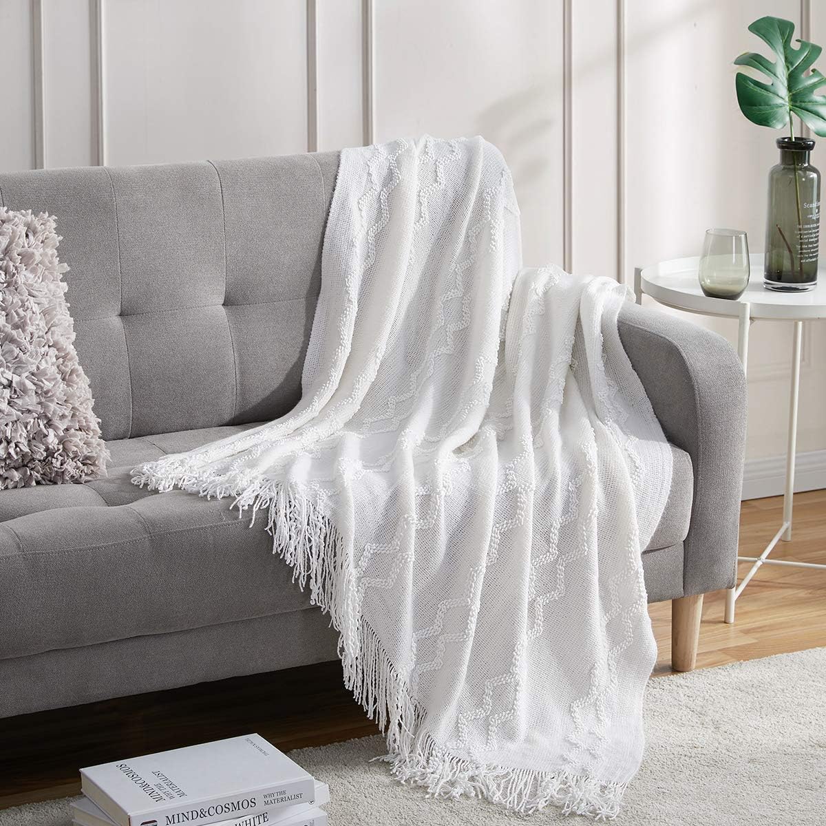 BOURINA Fluffy Chenille Knitted Fringe Throw Blanket Lightweight Soft Cozy for Bed Sofa Chair Throw Blankets, Off White 60"x80"