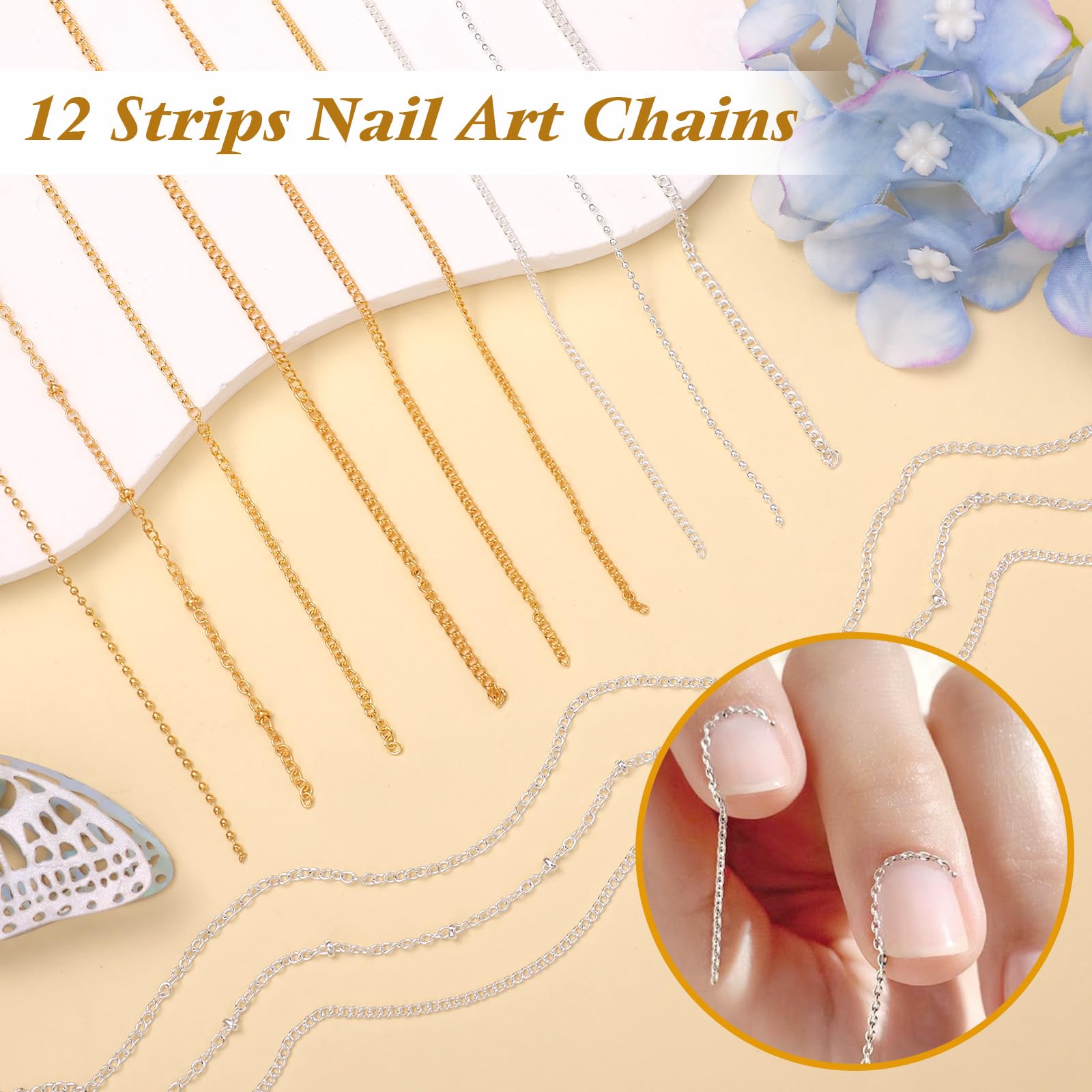 12 strisce di catene per nail art e perline in metallo per unghie (argento + oro) per nail art acrilica, catene dorate, piccole gemme rotonde per manicure fai da te accessori