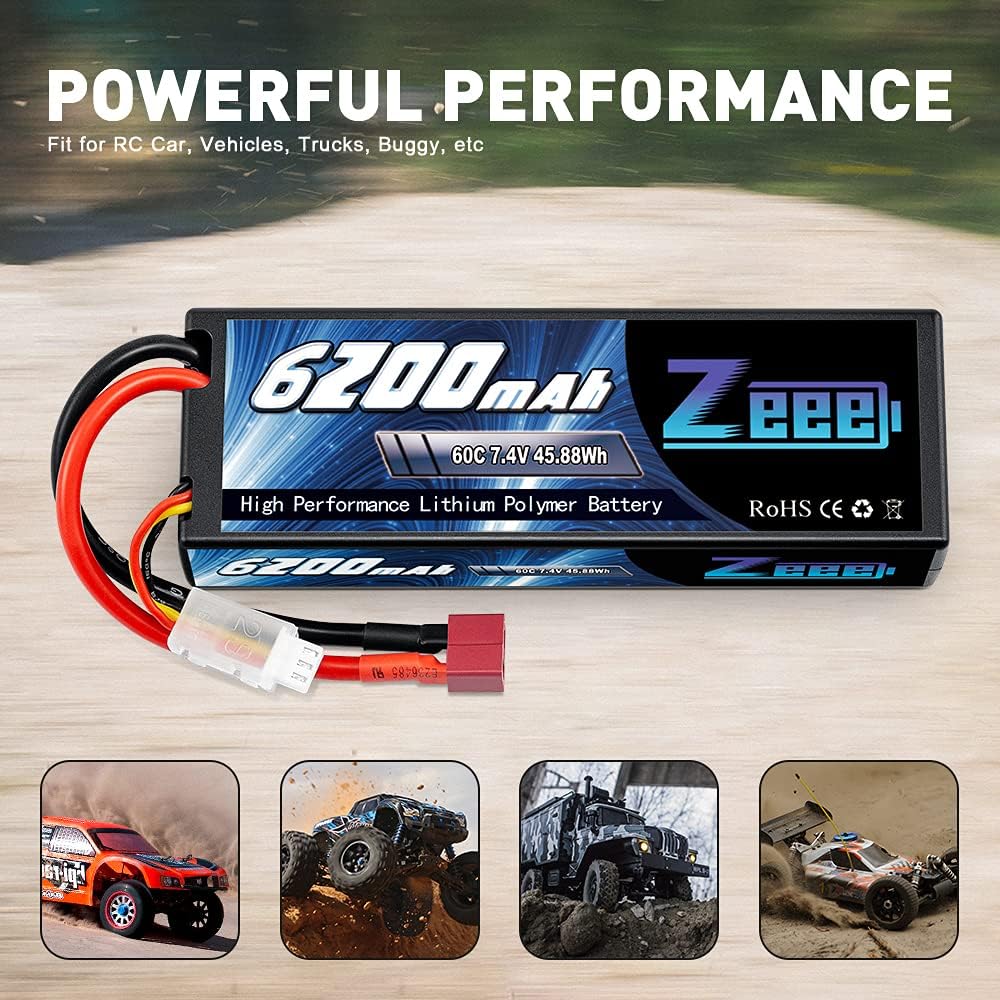 Zeee 2S Lipo Battery 6200mAh 7.4V 60C Hard Case Battery with Deans T Connector for RC Vehicles Car Truck Truggy Boat Racing Hobby(2 Pack)