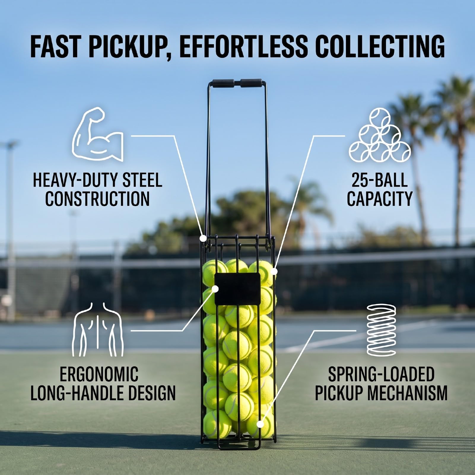 banapoy Cestino Raccoglitore Portatile per Palline da Tennis, Raccolta | Può Contenere Fino a 25 Palline, Raccolta Rapida, Raccolta a Molla, Raccoglitore di Palline con Manico Lungo per