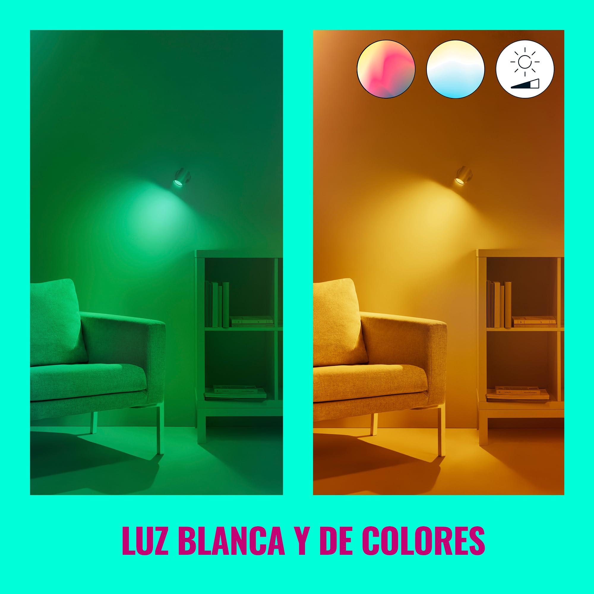 Wiz - Lámpara inteligente, Wiz IMAGEO, 3 Focos LED Inteligentes, Luz Blanca y de Colores, Compatible con Alexa y Google Home, Color Negro