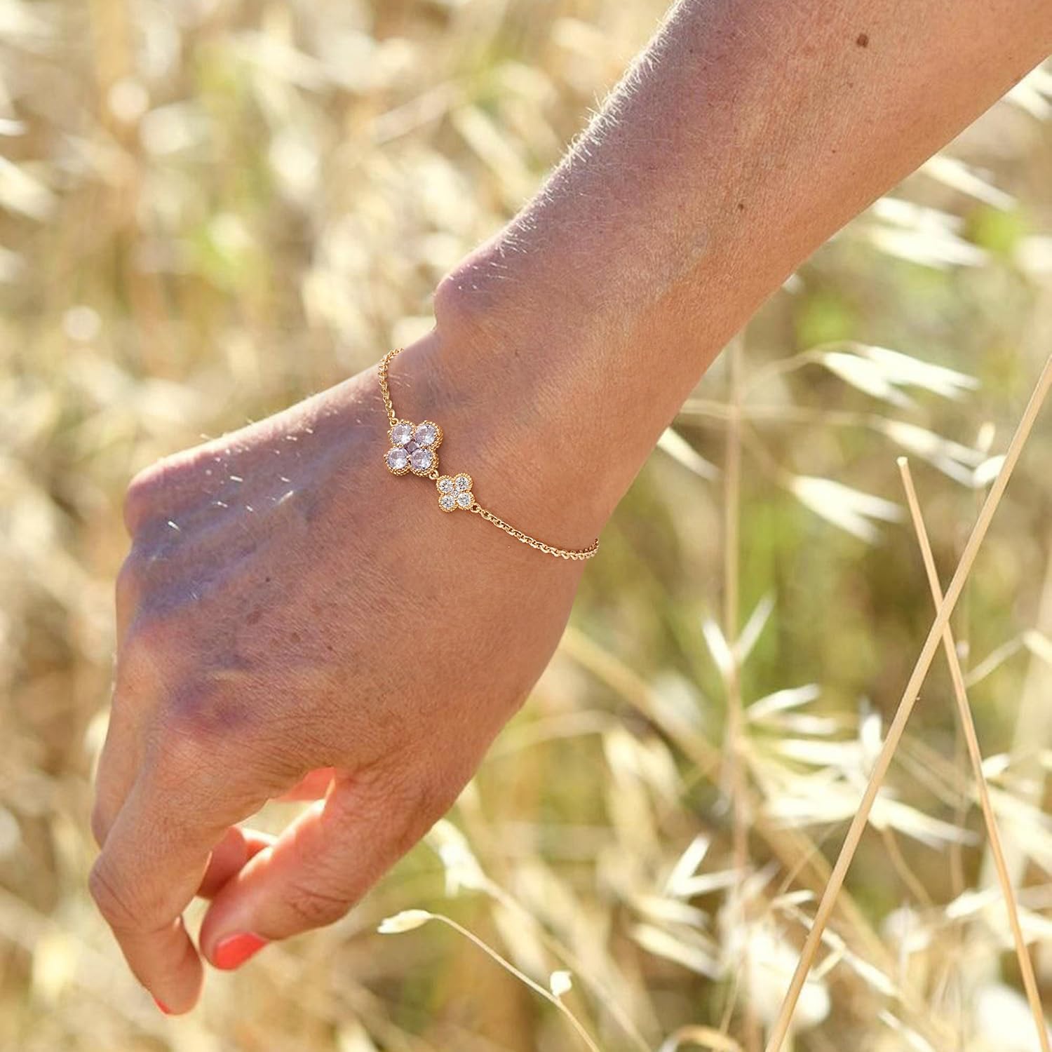 MYEARS Flower Bracelet for Women Gold Sideways Double Four-leaf-clover Link Charm 12 Month Birthstone Cubic Zirconia 14K Simple Dainty Thick Chain Floral Lucky Jewelry Gift - Image 3