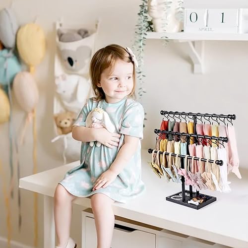 Miniatura 2 de POVETIRE Soporte para diadema de almacenamiento para bebé, organizador de lazo de madera de 3 niveles para lazos para el pelo de niñas, accesorios