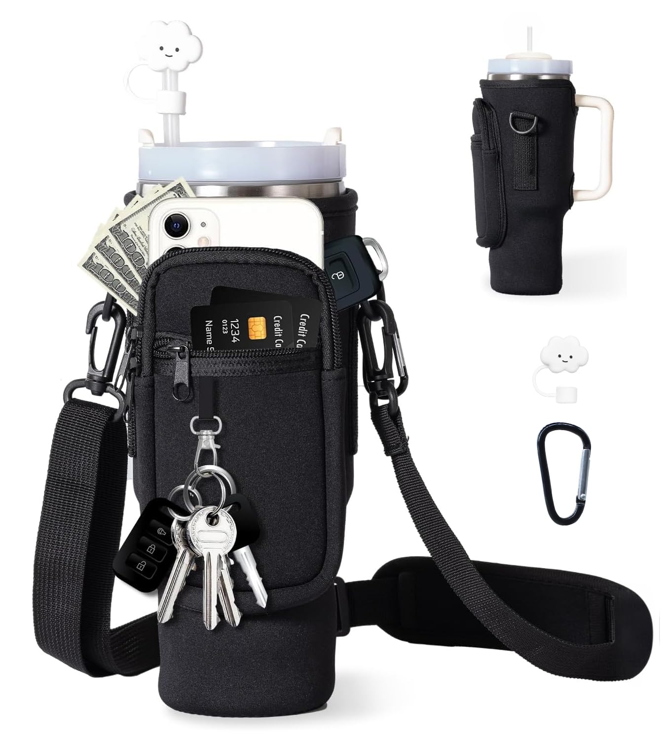 dabria Water Bottle Carrier Bag with Phone Pocket for Stanley 40/30 oz Tumbler Neoprene Water Bottle Holder Pouch with Adjustable Strap Bollus with Straw Cover & Carabiner for Stanley Cup Accessories — image 1