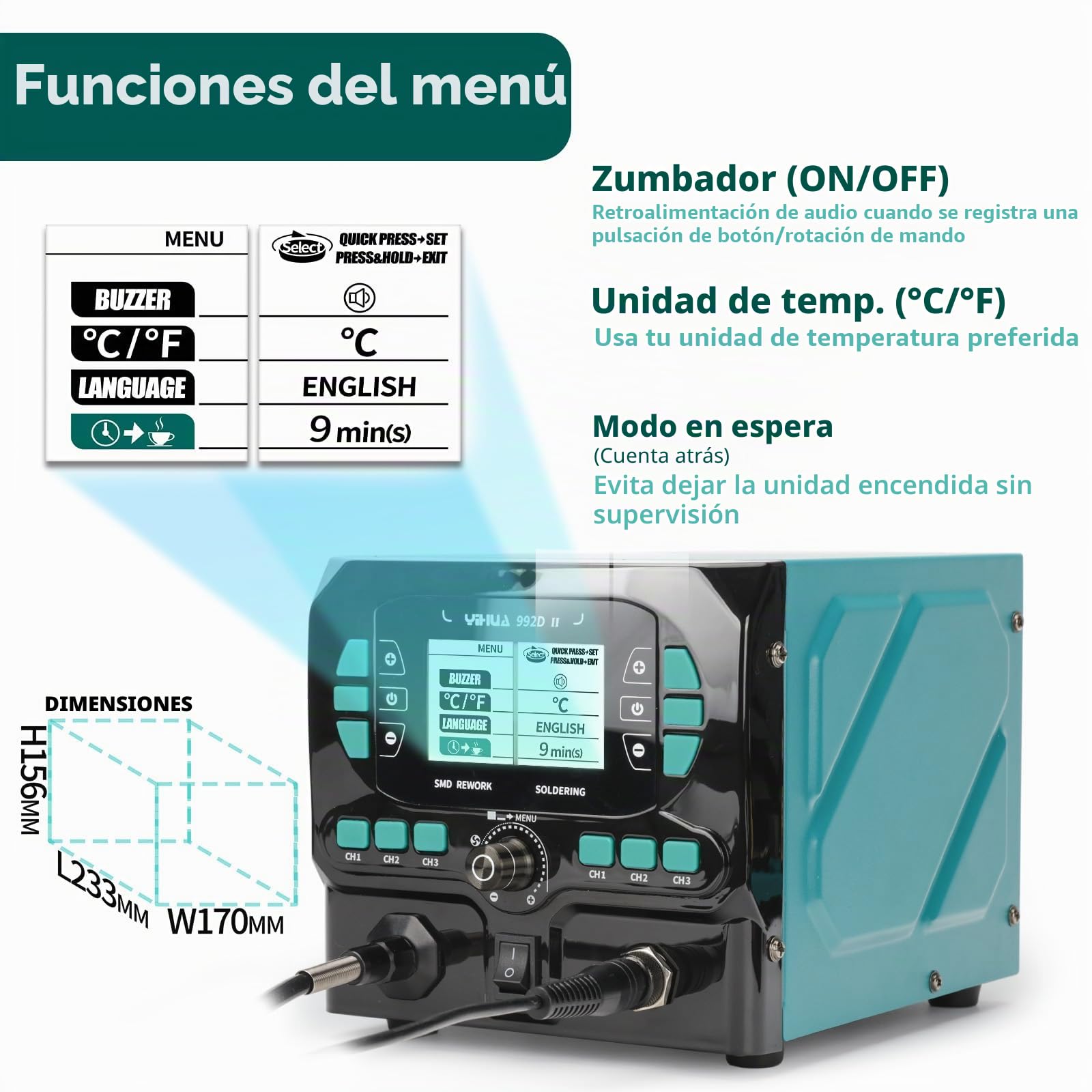 YIHUA 992D-II Kit de Soldador Estaño de precisión 2-EN-1 con lápiz de aire caliente y soldador de precisión C210 de Estacion de Soldadura, pantalla LCD dinámica, 8 boquillas de aire caliente