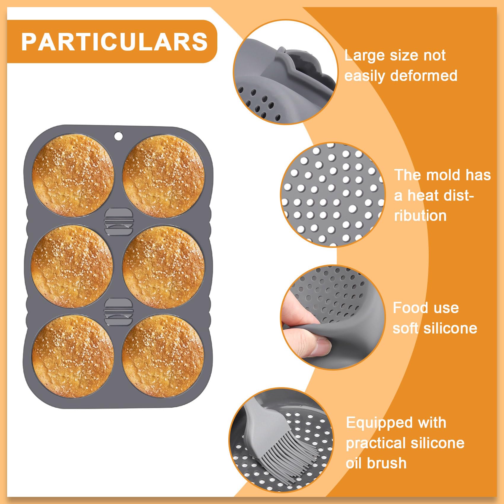 webake Brioche - Stampo in silicone per panini e hamburger, 2 pezzi, 6 cavità, 10 cm, grande stampo in resina, 33 x 22,2 x 2 cm