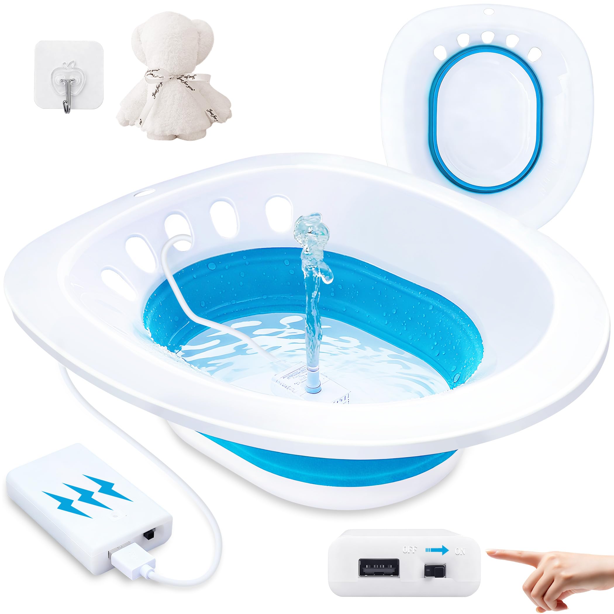 Electric Sitz Bath, Sitz Bath for Hemorrhoids, Sitz Bath for Toilet Seat, Sitz Bath for Postpartum Care, Sits Bath Kit for Women, Automatic Flushing, Foldable, Fits Universal Toilet (Blue Electric)