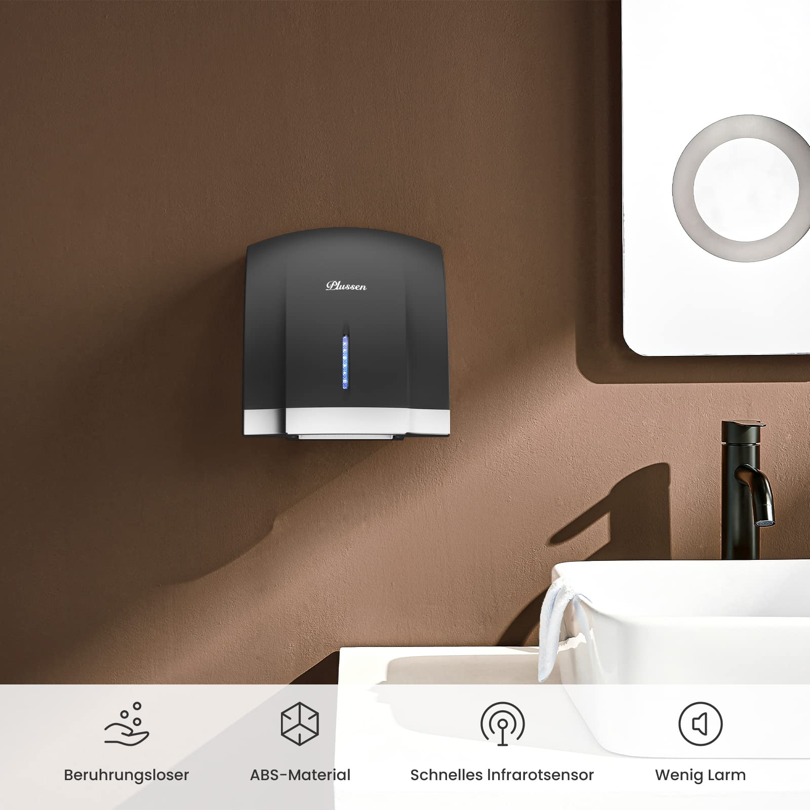 PLUSSEN Asciugamani Automatico Elettrico Hotel Asciuga Mani ad Vento Caldo e Freddo da Parete Bagno con Sensore Fotocellula, a Basso Rumore (40 Db), Coperchio Compatto in ABS, 220-240V (nero-1003)