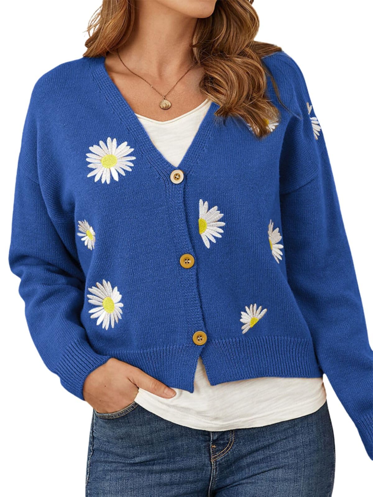 Women Floral Cropped Cardigan Fall Long Sleeve Open Front Daisy Print Knit Sweaters Vintage Y2k Outerwear