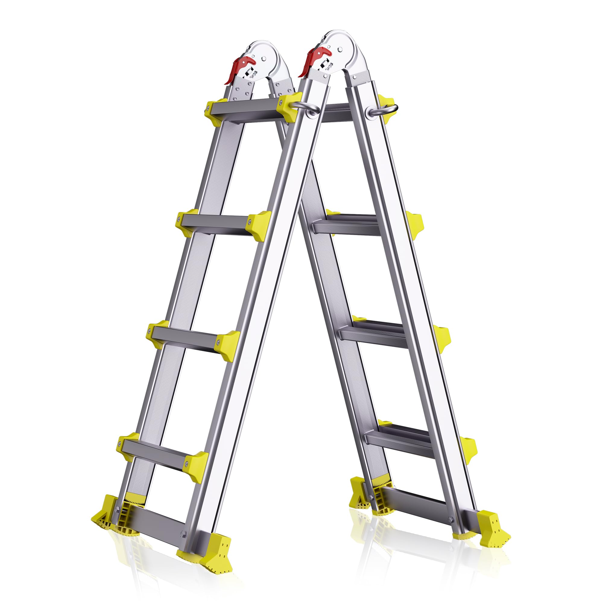 A Frame Ladder, 14FT Aluminum 4 Step Ladder Foldable, 330LBS, Silver Yellow