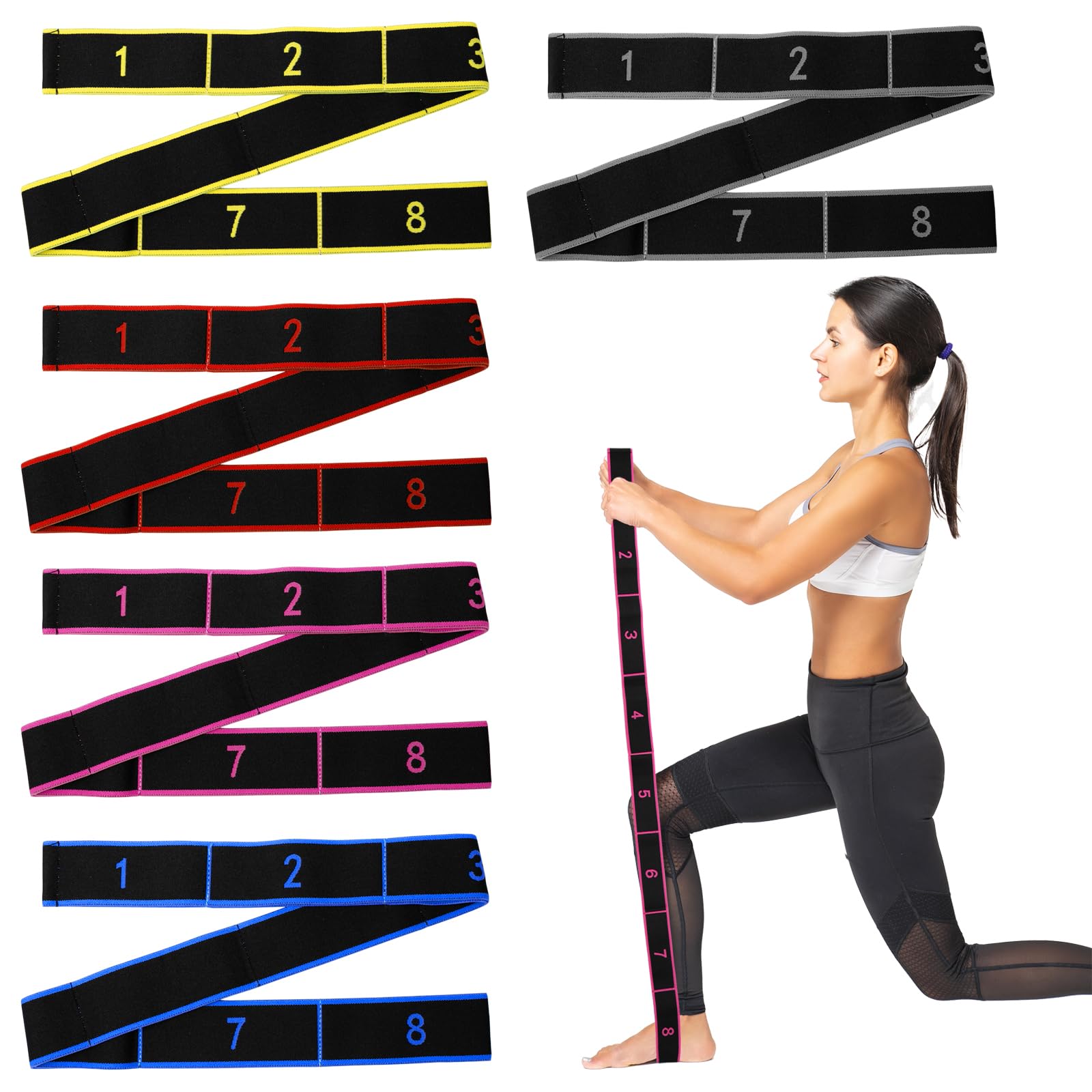 5 Pezzi Elastico Fasce di Resistenza Yoga Fascia Elastica Fitness Yoga Stretching Band con 8 Anelli Banda Elastica Numerata per Pilates, Ginnastica, Danza e Allenamento, 5 Colori