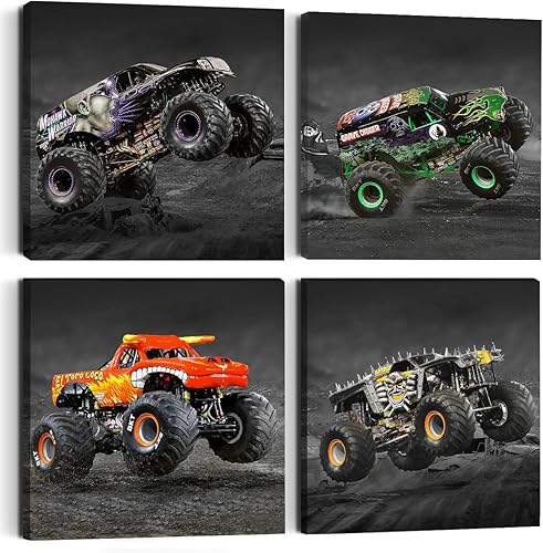 Miniatura 1 de 4 piezas de decoración de la habitación del coche, camión, lienzo enmarcado para decoración de habitación de niños, acuarela, caricatura, coche,